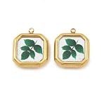Printed 304 Stainless Steel Pendants, Square with Leaf, PVD Vacuum Plating, Real 18K Gold Plated, Dark Green, 18x15.5x4mm, Hole: 1.6mm(STAS-P419-07G-04)