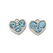 304 Stainless Steel Pendants, with Rhinestone, Heart Charms, Aquamarine, 7x8x3mm, Hole: 1mm(STAS-L080-001P-02)