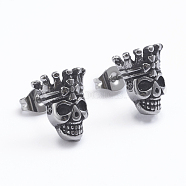 Retro 304 Stainless Steel Stud Earrings, with Ear Nuts, Skull with Crown, Antique Silver, 11.8x10mm, Pin: 0.7mm(EJEW-L248-001AS)