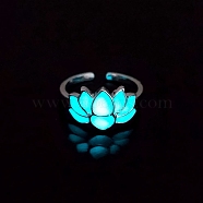 Luminous Glow in the Dark Zinc Alloy Open Cuff Ring, Lotus, Cyan, Inner Diameter: 17mm(PW-WG12832-03)