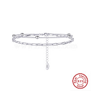 Rhodium Plated 925 Sterling Silver Satellite & Paperclip Chains Double-Layer Multi-strand Bracelet, with S925 Stamp, Real Platinum Plated, 6-1/2 inch(16.6cm)(STER-M116-10P)