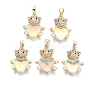 Brass Cubic Zirconia Pendants,  with Glass and Brass Snap on Bails, Nickel Free, Real 18k Gold Plated, AB Color Plated, Bear, Clear AB, 18x15x5mm, Hole: 2x4mm(KK-R134-082-NF)