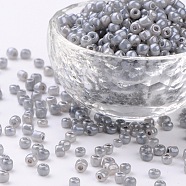 (Repacking Service Available) Glass Seed Beads, Ceylon, Round, Dark Gray, 6/0, 4mm, Hole: 1.5mm, about 12g/bag(SEED-C020-4mm-149)