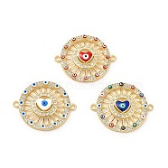 Rack Plating Brass Micro Pave Clear Cubic Zirconia Connector Charms, Flat Round with Heart Evil Eye Links, with Enamel, Cadmium Free & Lead Free, Real 18K Gold Plated, Mixed Color, 25x30.5x5mm, Hole: 1.8mm(KK-D087-09G)