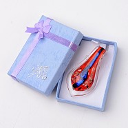 Box-packed Handmade Dichroic Glass Big Pendants, Leaf Lampwork Pendant with Random Color Exquisite Cardboard Necklace Box, Red, 57~60x27~30mm, Hole: 7~10mm(DICH-X047-04)