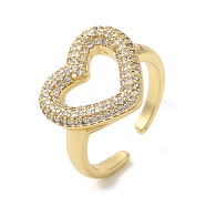 Heart Brass Micro Pave Clear Cubic Zirconia Open Cuff Rings, for Women, Lead Free & Cadmium Free, Real 18K Gold Plated, 18mm, Adjustable(RJEW-U008-23G)