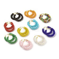 Glass Seed Beaded Hoop Earrings for Women, Real 18K Gold Plated Big Circle Brass Hoop Earrings, Mixed Color, 44x45x8.5mm, Pin: 1.4x0.4mm(EJEW-C003-02-RS)