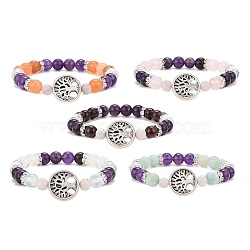 5Pcs 5 Style Natural & Synthetic Mixed Gemstone Beaded Stretch Bracelets Set, Alloy Tree of Life Beaded Stackable Bracelets for Women, Inner Diameter: 2~2-1/4 inch(5.1~5.8cm), 1Pc/style(BJEW-JB09133)