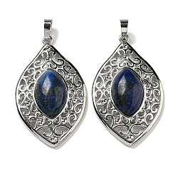 Natural Dyed Lapis Lazuli Pendants, Rack Plating Brass Hollow Horse Eye Charms, Cadmium Free & Lead Free, Platinum, 48x28.5x8.5mm, Hole: 7.5x5mm(G-Q158-02I)