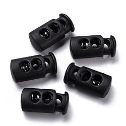 Plastic Spring Cord Lock Stopper Cylinder, with Iron Findings, 2-Hole, Platinum, Black, 23.5x12x8.5mm, Hole: 6x3.5mm(FIND-I013-A12)