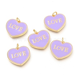 Brass Enamel Pendants, Long-Lasting Plated, Real 18K Gold Plated, with Jump Rings, for Valentine's Day, Heart with Word LOVE, Lilac, 17.5x20x2.5mm, Hole: 3mm(KK-B027-03G-F)