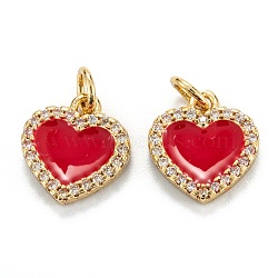 Brass Micro Pave Clear Cubic Zirconia Pendants, with Enamel, Real 18K Gold Plated, Long-Lasting Plated, Heart, Red, 12x11x2mm, Hole: 3.2mm(ZIRC-M115-43G-D)