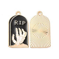 Light Gold Plated Alloy Enamel Pendants, Cadmium Free & Nickel Free & Lead Free, Tombstone with Skeleton Hand Charm, Black, 27x14x1.3mm, Hole: 1.8mm(X-ENAM-L040-005KCG-01)