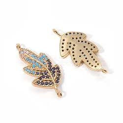 Brass Micro Pave Cubic Zirconia Links connectors, Leaf, Colorful, Golden, 25x11.5x2mm, Hole: 1mm(X-ZIRC-L090-038G)