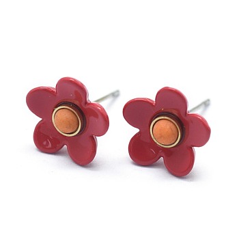 Spray Painted Brass Stud Earrings, with Synthetic Turquoise, Plastic Ear Nuts, Platinum, Red, 11mm, Pin: 0.5mm