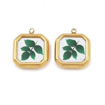 Printed 304 Stainless Steel Pendants, Square with Leaf, PVD Vacuum Plating, Real 18K Gold Plated, Dark Green, 18x15.5x4mm, Hole: 1.6mm