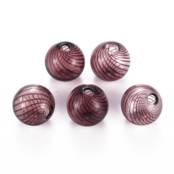 Transparent Handmade Blown Glass Globe Beads, Stripe Pattern, Round, Purple, 14.5~16mm, Hole: 1~2mm