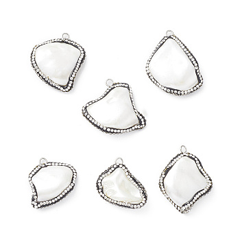 Natural Freshwater Shell Pendants, Nuggets Charms, with Polymer Clay Rhinestone and Platinum Plated Brass Loops, White, 23.5~34x25~29.5x6~9mm, Hole: 2.5mm