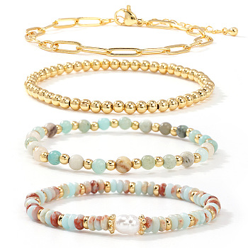 4Pcs 4 Styles Natural Amazonite & Shoushan Stone & Brass Round Beads Stretch Bracelets & 304 Stainless Steel Paperclip Chain Bracelets Set for Women, 6.89 inch(17.5cm)