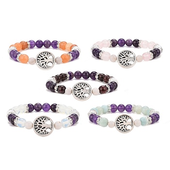 5Pcs 5 Style Natural & Synthetic Mixed Gemstone Beaded Stretch Bracelets Set, Alloy Tree of Life Beaded Stackable Bracelets for Women, Inner Diameter: 2~2-1/4 inch(5.1~5.8cm), 1Pc/style