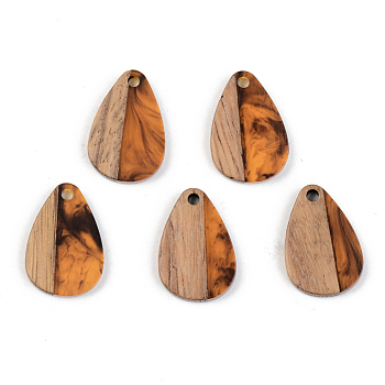 Resin & Walnut Wood Pendants, Teardrop, Orange, 21.5x14.5x3mm, Hole: 2mm