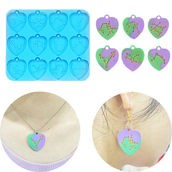 12 Constellations Heart Pendants Silicone Molds, Resin Casting Molds, for UV Resin, Epoxy Resin Jewelry Making, Cyan, 89x105x4.5mm, Hole: 2.5mm, Inner Diameter: 25x28mm