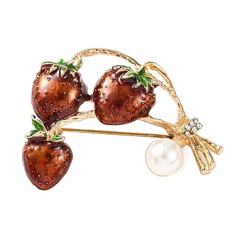 KC Gold Plated Alloy Crystal Rhinestone Fruit Brooches, Strawberry Enamel Pins with Resin Pearl, Dark Red, 42.5x31x8mm