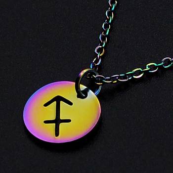 201 Stainless Steel Pendants Necklaces, with Cable Chains and Lobster Claw Clasps, Flat Round with Constellation/Zodiac Sign, Rainbow Color, Sagittarius, 15-3/4 inch(40cm), 1.5mm