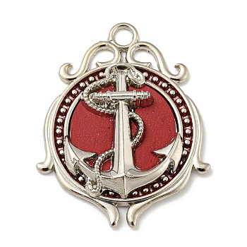 Alloy Pendants, with Imitation Leather, Platinum, Flat Round with Anchor, FireBrick, 39.5x31.5x5mm, Hole: 3.5mm