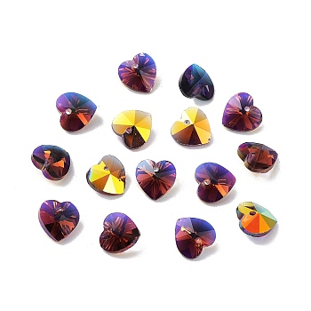 Electroplate Glass Charms, AB Color Plated, Faceted Heart, Coconut Brown, 10x10x5~5.5mm, Hole: 1~1.2mm