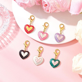 6Pcs Alloy Enamel Heart Pendant Decorations, Lobster Clasp Charms, for Keychain, Purse, Backpack Ornament, Mixed Color, 34mm