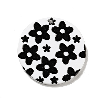 Printed Acrylic Pendants, Flat Round with Flower Pattern, Black, 29.5x2mm, Hole: 1.5mm