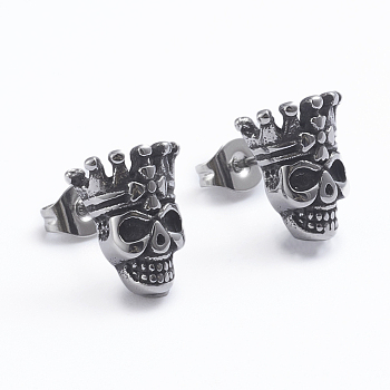 Retro 304 Stainless Steel Stud Earrings, with Ear Nuts, Skull with Crown, Antique Silver, 11.8x10mm, Pin: 0.7mm
