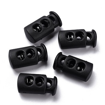 Plastic Spring Cord Lock Stopper Cylinder, with Iron Findings, 2-Hole, Platinum, Black, 23.5x12x8.5mm, Hole: 6x3.5mm