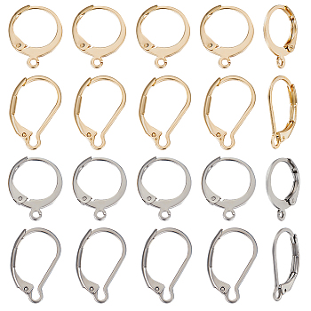 80Pcs 4 Style 304 Stainless Steel Leverback Earring Findings, with Loop, Real 24K Gold Plated & Stainless Steel Color, 14.5~16.5x10~12.5x2mm, Hole: 1~1.2mm, 20Pcs/style