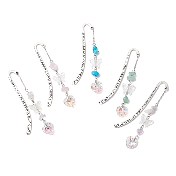 Tibetan Style Alloy Hook Bookmarks, Butterfly Heart Acrylic and Natural Rose Quartz & Red Aventurine & Amethyst & Quartz Crystal & Synthetic Turquoise Chips Bookmarks, 84x14x1.5mm