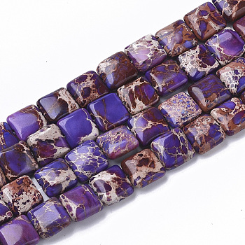 Natural Imperial Jasper Beads Strands, Dyed, Flat Slice Square Beads, Indigo, 10x10x4mm, Hole: 1mm, about 38~40pcs/Strand, 15.16 inch(38.5cm)
