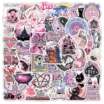 50Pcs Divination Theme Waterproof PVC Pink Witch Sticker Labels, Self-adhesion, for Suitcase, Skateboard, Refrigerator, Helmet, Mobile Phone Shell, Mixed Shapes, 40~80mm