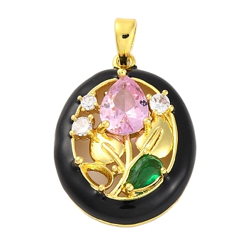 Brass Micro Pave Cubic Zirconia Pendants, with Enamel, Real 14K Gold Plated, Oval with Flower, Black, 23.5x17.5x5mm, Hole: 3x4.5mm