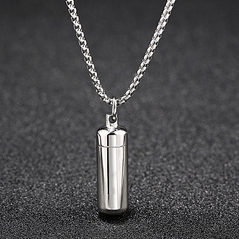 316L Stainless Steel Pill Shape Urn Ashes Pendant Necklace with Box Chains, Memorial Jewelry for Men Women, Silver, 23.62 inch(60cm)