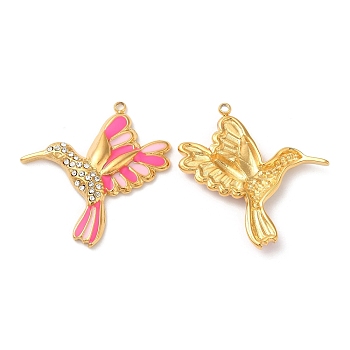 304 Stainless Steel Enamel Pendants, with Rhinestones, Real 18K Gold Plated, Brid Charm, Deep Pink, 29x26.5x3mm, Hole: 1.4mm