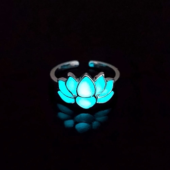 Luminous Glow in the Dark Zinc Alloy Open Cuff Ring, Lotus, Cyan, Inner Diameter: 17mm