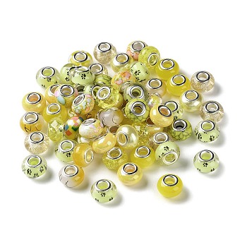 Resin European Beads, with Platinum Plated Brass Core, Rondelle, Yellow, 13.5x9mm, Hole: 5mm