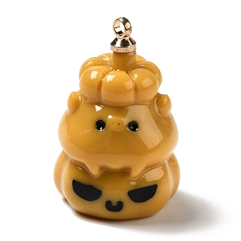 Halloween Theme Opaque Resin Pendants, with Light Gold Tone Alloy Findings, Pumpkin Monster, Goldenrod, 21x13.5x13mm, Hole: 1.5mm