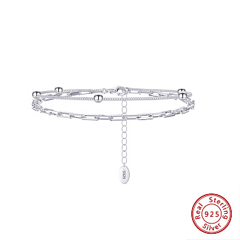 Rhodium Plated 925 Sterling Silver Satellite & Paperclip Chains Double-Layer Multi-strand Bracelet, with S925 Stamp, Real Platinum Plated, 6-1/2 inch(16.6cm)