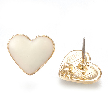 Alloy Enamel Stud Earring Findings, with Loop, Raw(Unplated) Pins, Heart, Light Gold, Beige, 11.5x13.5mm, Hole: 1.8mm, Pin: 0.7mm