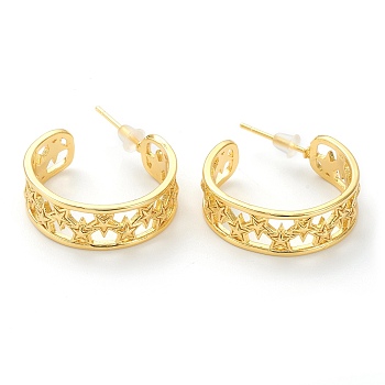Rack Plating Brass Half Hoop Earrings, with Ear Nuts, Letter C Shape, Hollow Star, Real 18K Gold Plated, 23x27x7.5mm, Pin: 1mm