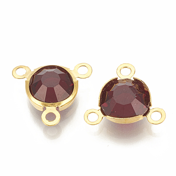 Glass Charms, with 304 Stainless Steel Finding, Flat Round, Faceted, Golden, Dark Red, 12x13x4mm, Hole: 1.5mm