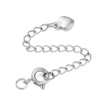 304 Stainless Steel Curb Chain Extender, End Chains with Spring Ring Clasps & Heart Charms, Stainless Steel Color, 62mm