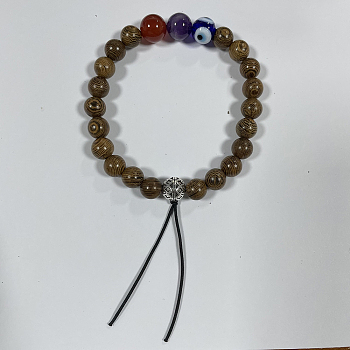 Stretch Beaded Bracelets, with Natural Wood Beads, Alloy Beads and Natural Carnelian(Dyed) & Amethyst Beads, Round, Inner Diameter: 2-1/4 inch(5.6cm)